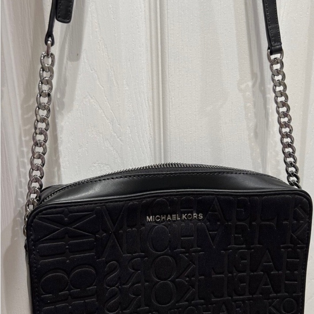 Michael Kors Black Embossed Logo Crossbody with Chain Strap